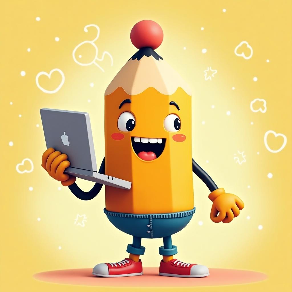 This image features a playful character resembling a pencil with an eraser on top. The character has a wide smile and is holding a laptop in one hand. It stands confidently on a bright yellow background, enhancing its cheerful demeanor. The pencil has cartoonish eyes and arms, with a fun outfit that includes jeans and red sneakers. The overall atmosphere is light-hearted and engaging, making it suitable for educational or creative contexts.