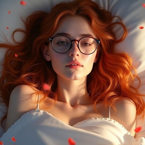 A beautiful girl with long wavy red hair laying in bed wearing round glasses. Flower petals float in the air around her.