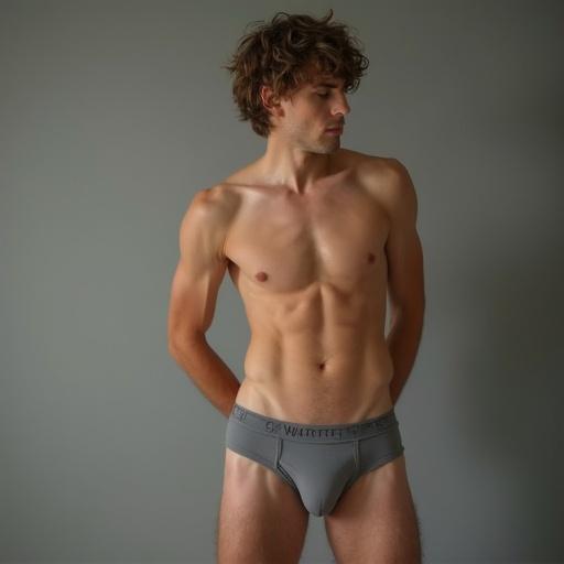 Model with a toned body poses in grey briefs against a neutral background. Short brown hair and a relaxed expression enhance the minimalist style.