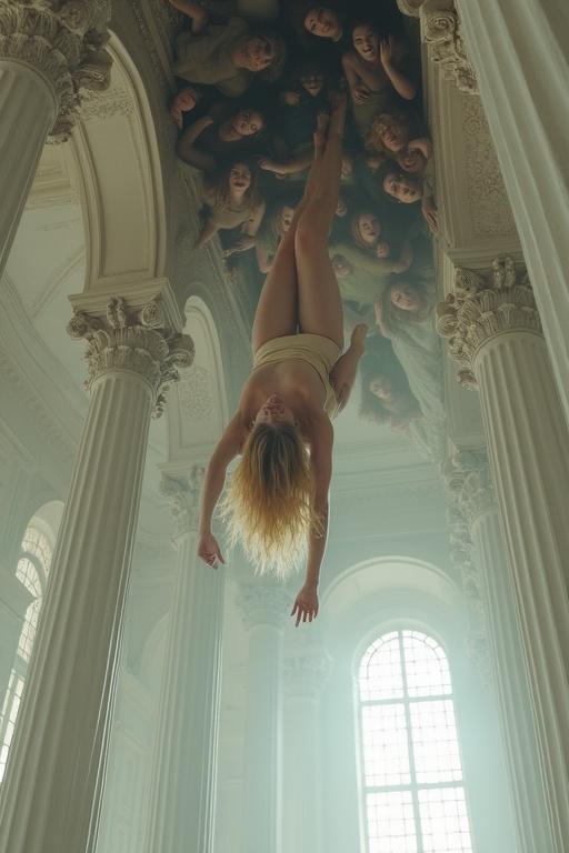 Blonde woman suspended from the ceiling in a grand marble building. Woman crawling among figures on the ceiling. Surrounding people appear eerie and unsettling. Dreamlike atmosphere in soft lighting.
