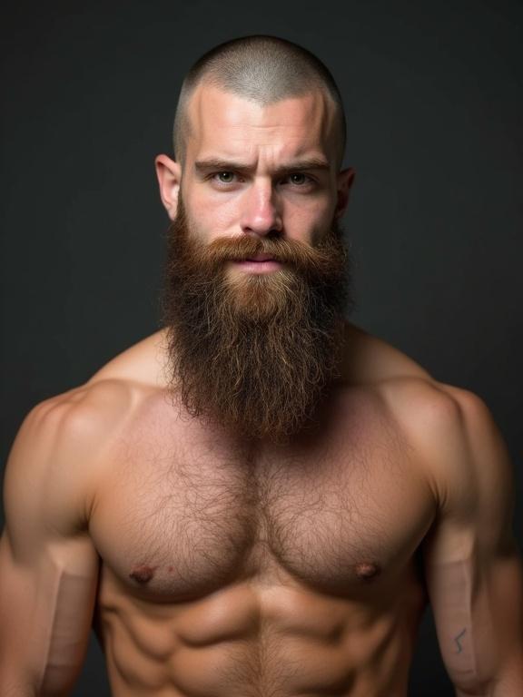 Young man with green eyes and a shaved head. Long beard and muscular physique. Frontal pose with a smart look and a shy smile.