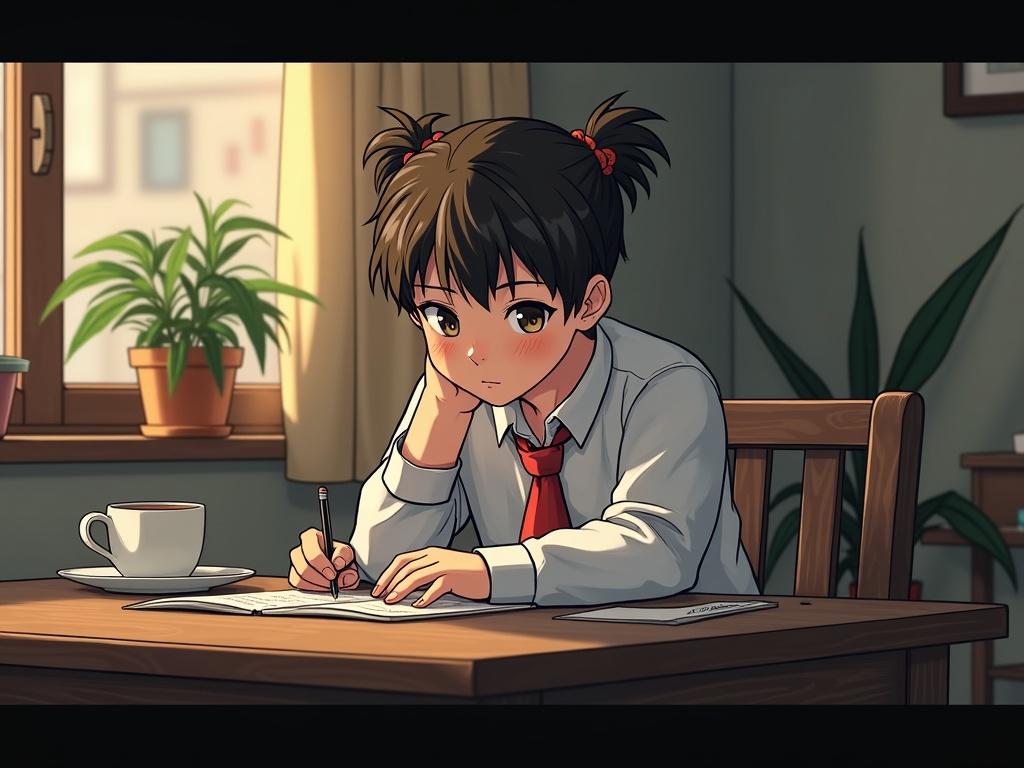 Young girl with pigtails sits at a table writing in a notebook. She has a focused expression. A cup of coffee sits beside her. Bright window light fills the room with plants visible in the background. She's wearing a white shirt and red tie.
