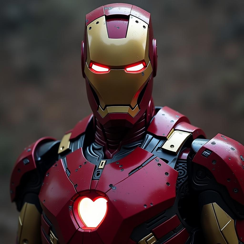 Iron Man character depicted with black and red armor. Red lights for eyes. Close-up shot highlights details in armor and glowing chest piece.