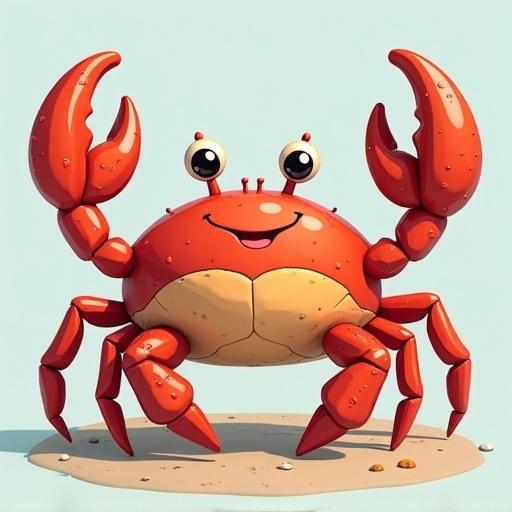 A cartoon crab stands on a beach with a big smile. The crab has bright red claws and a rounded body with beige underbelly. It appears friendly and approachable. The background is a soft light blue sky with a hint of sand.