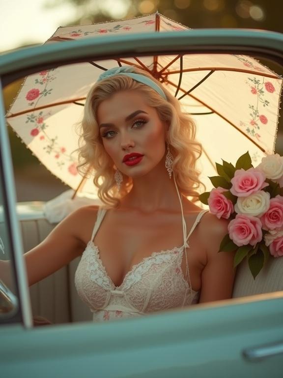 Glamorous woman seated in vintage car. She has blonde curls and red lipstick. Wearing floral lace lingerie. Holding floral patterned umbrella. Car is decorated with pink and white roses. Light blue headband adds charm.