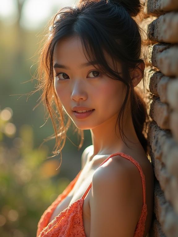 Portrait of a young woman with natural beauty. She has dark, semi-long hair and a subtle expression. The setting features warm, soft lighting and a natural background that enhances the serene vibe.