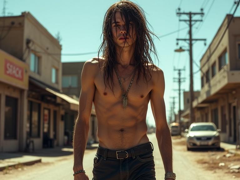 Realistic detail of a male model with long hair walking in a dirty city. No shirt. Wearing black leather pants. Sunny day with stores and streets in the background. Power lines and shadows present.