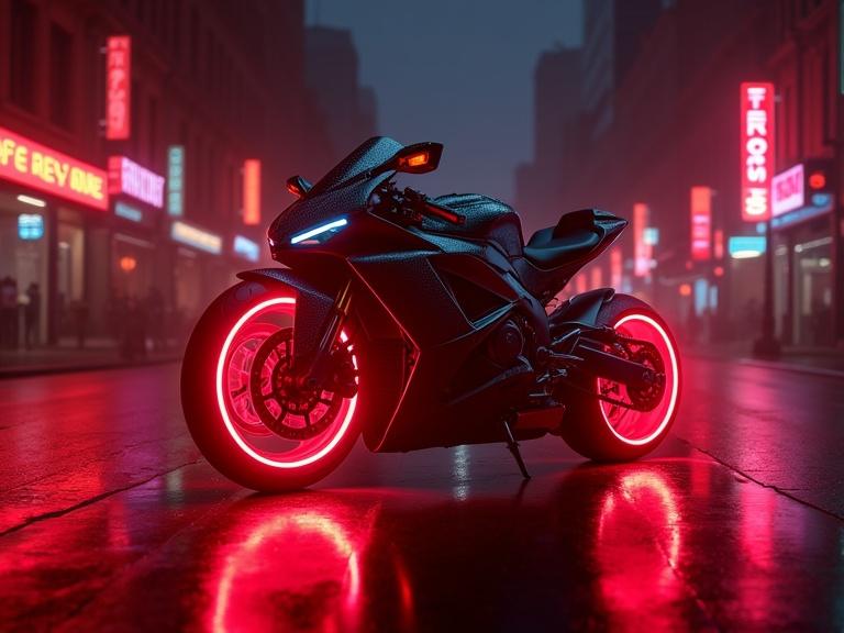 Futuristic motorcycle with laser-lit wheels on a vibrant street with red neon lights