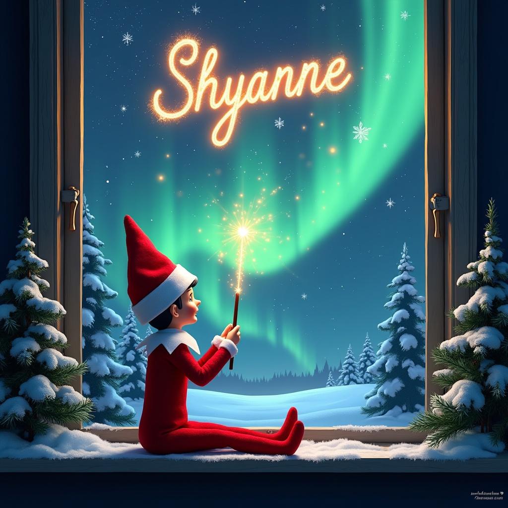 An elf on a shelf sits on a windowsill with back to viewer. Elf gazes up, using a wand to create magical sparks. Background shows Christmas scene with colorful northern lights, snow-covered pine trees. Elf wears festive red outfit with white trim. Sparks elegantly write name Shyanne above.