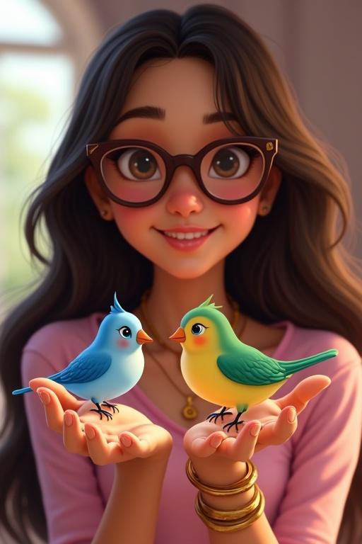 A girl with dark brown straight long hair and light skin color wearing glasses. She holds two birds in hands, one blue and one yellow. The background shows a clean girl room. Style is similar to Disney. She appears happy, wearing a light pink shirt and gold bracelet with a name.