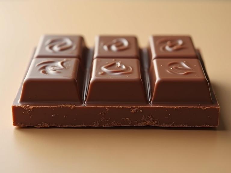 A rectangular chocolate bar with four chocolate covered wafers arranged lengthwise in parallel.