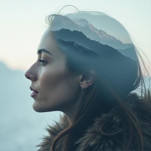 Woman's profile with mountain landscape in a double exposure effect. Sharp focus on the subject.