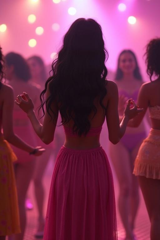 Animated woman dancing in pink dress. Long hair styled in two side pigtails. Surrounded by women in disco atmosphere.