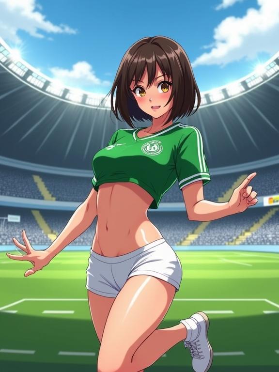 Digital anime illustration of a young female character with a bob haircut wearing a green soccer jersey with white stripes and white athletic shorts. Striking a flirtatious pose at a professional soccer stadium with modern lighting and detailed architecture. Focus on character's curves and anime style art.