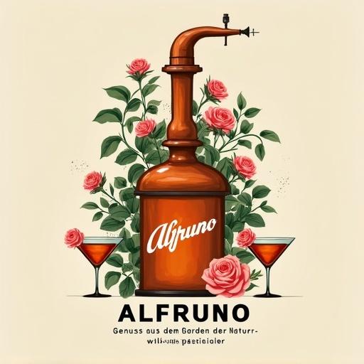 Stylized artistic poster featuring a copper distillation apparatus. Surrounded by green foliage and pink roses. Below is a lower bottle labeled Alfruno. Bottle is amber with white script. Flanked by two martini glasses filled with amber liquid. Soft beige background enhances warm tones. Text reads Alfruno and Genuss aus dem Garten der Natur - wild und besonders. Layout is symmetrical and balanced.
