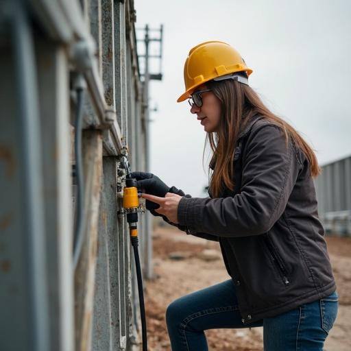 A realistic photo featuring a woman at a construction site inspecting a power cord for safety. She wears a hard hat and sunglasses.