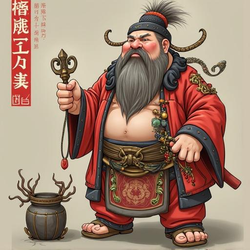 A character in elaborate red and gold traditional attire with accessories stands confidently holding a staff. The character features a long beard and decorated with plants. The backdrop is a simple light color to emphasize the character.
