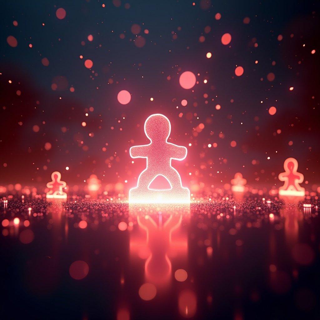 A glowing figure stands in the center with smaller glowing figures in the background. The scene features a play of strobing lights and random shapes creating an energetic vibe.