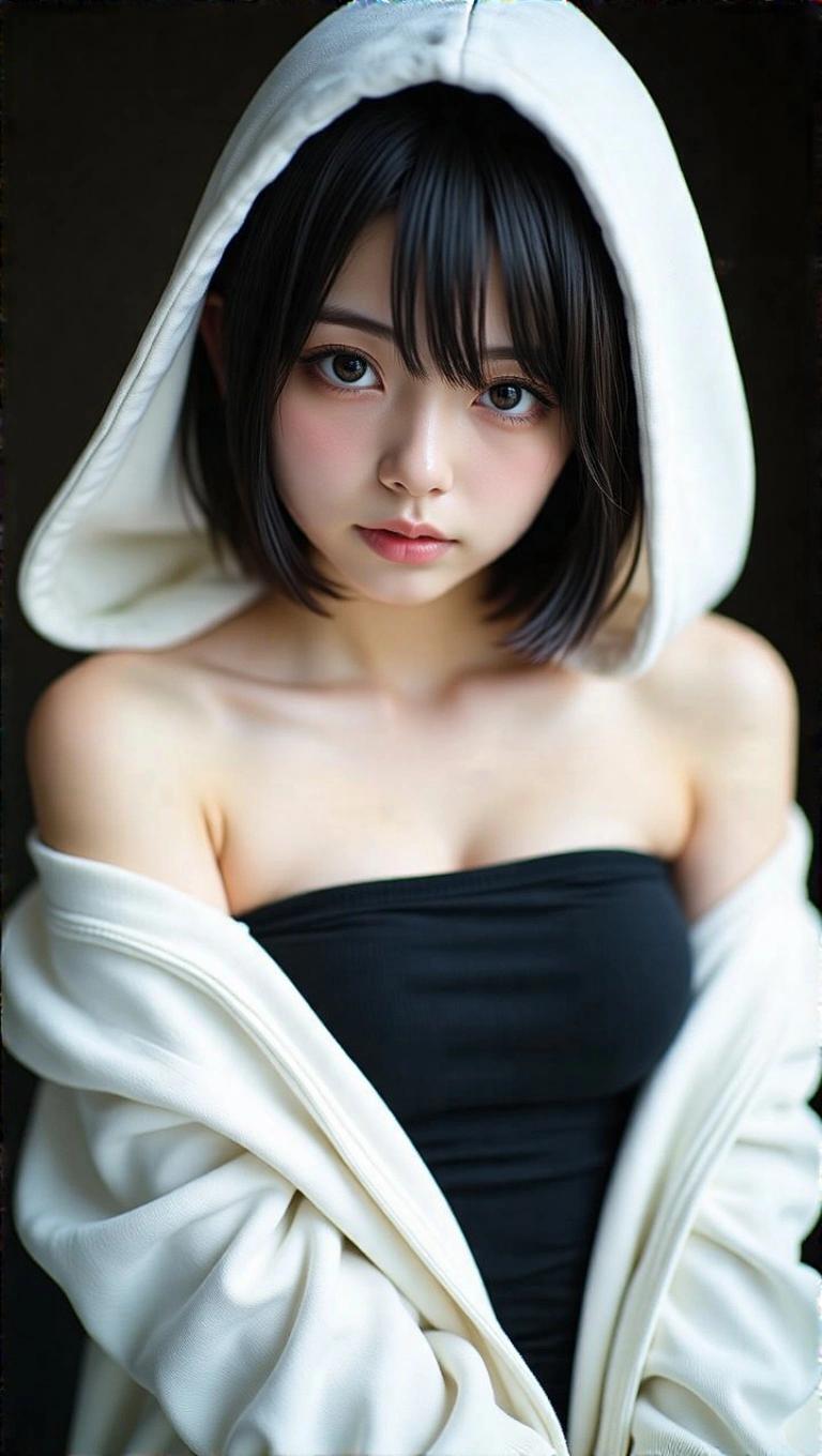 Portrait of a girl in a hoodie. Beautiful girl with short hair. Wearing a strapless top. Showcasing a medium skin tone. The subject has black eyes. Appears youthful and fashionable. Emphasis on natural beauty and style.