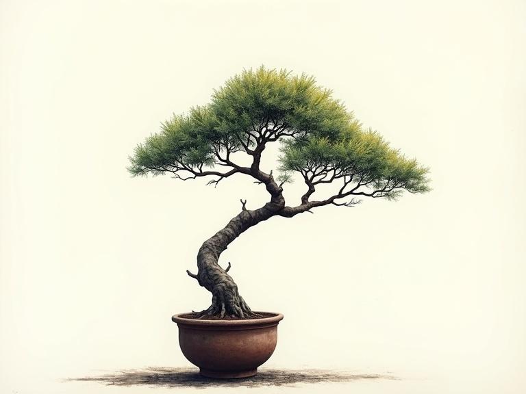 Fine art print featuring a bonsai tree. High contrast hand painted acrylic style. Tree has an asymmetric, gnarled trunk. Sparse branches with clumpy leaves. Simple clay pot in a plain background.