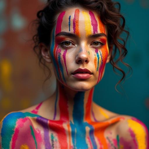 Woman adorned in bold colorful paint on face and body. Artistic visual representation with striking colors. Focus on facial features and body art.