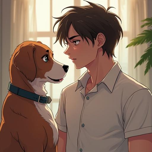 Anime style illustration featuring a teenage boy and a dog in a cozy room. Boy wears a dog collar around his neck and engages with a beagle. Soft light illuminates the scene through a window.