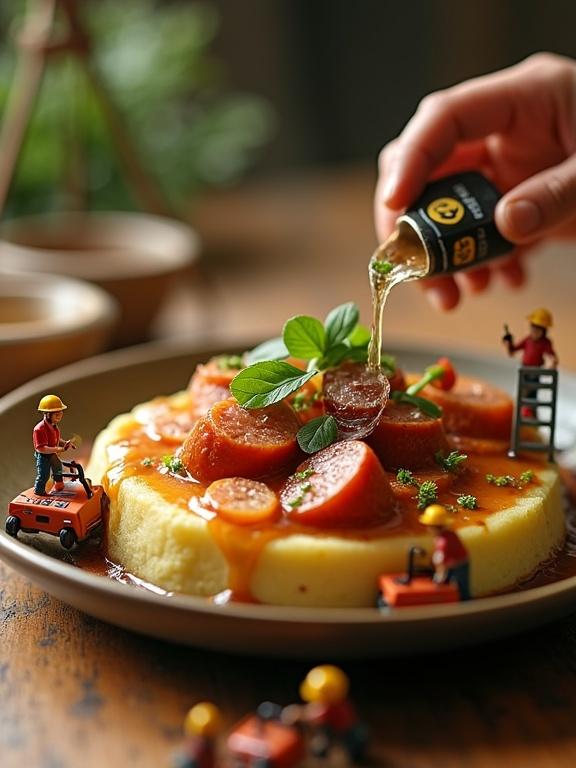 Highly detailed mini Chilean dish with animated workers assembling food. Workers pour caldo into pantrucas and position sausage and pebre. A forklift carries cilantro. 360-degree camera movement showcases textures. Warm cinematic lighting enhances realism. Comic elements introduced through worker figures. Schwencke branding subtly incorporated.