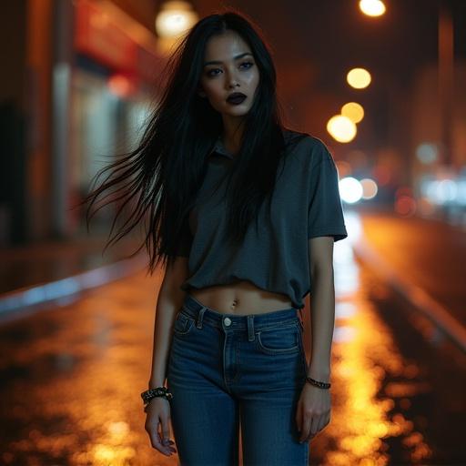 Hyperrealistic full body shot of a young woman with dark flowing hair and goth makeup. She stands on a city sidewalk at night. Street lights illuminate her pale skin. Breathing breeze lifts hair strands. Warm tones and detailed skin texture. She wears a grey shirt, blue jeans, and ruby red high heels reflecting on a wet sidewalk.
