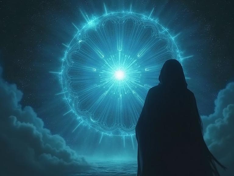 A figure with glowing eyes facing a large glowing circular vision in the sky. The vision appears translucent, representing a future event. The scene has an ethereal quality with vibrant colors. The image is in a 9:16 aspect ratio.