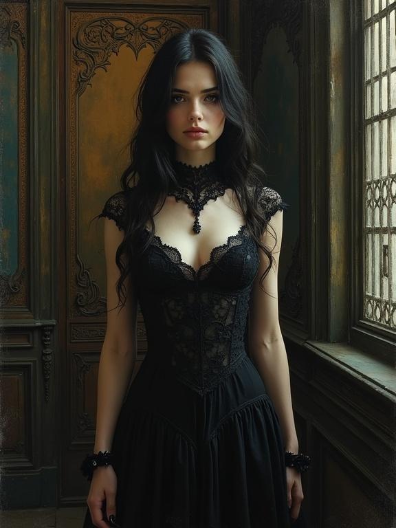 A captivating close-up portrait of a gothic woman in a detailed black lace dress. She stands in a dark ornate Art Nouveau room, lit dramatically to emphasize her ethereal beauty.