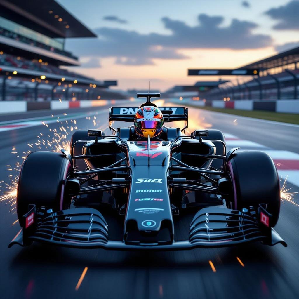 Futuristic Formula 1 car with female driver in open cockpit. High-tech helmet with reflective visor. Aerodynamic carbon-fiber chassis. Floating magnetic wheels. Sparks flying underneath car. Photorealistic lighting and reflections. Hyper-realistic details.