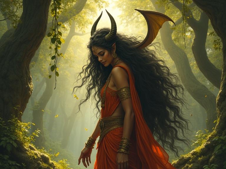 A demon woman with long black hair and horns stands in a mystical forest. She wears a flowing red dress and adornments. Ethereal light shines through trees.