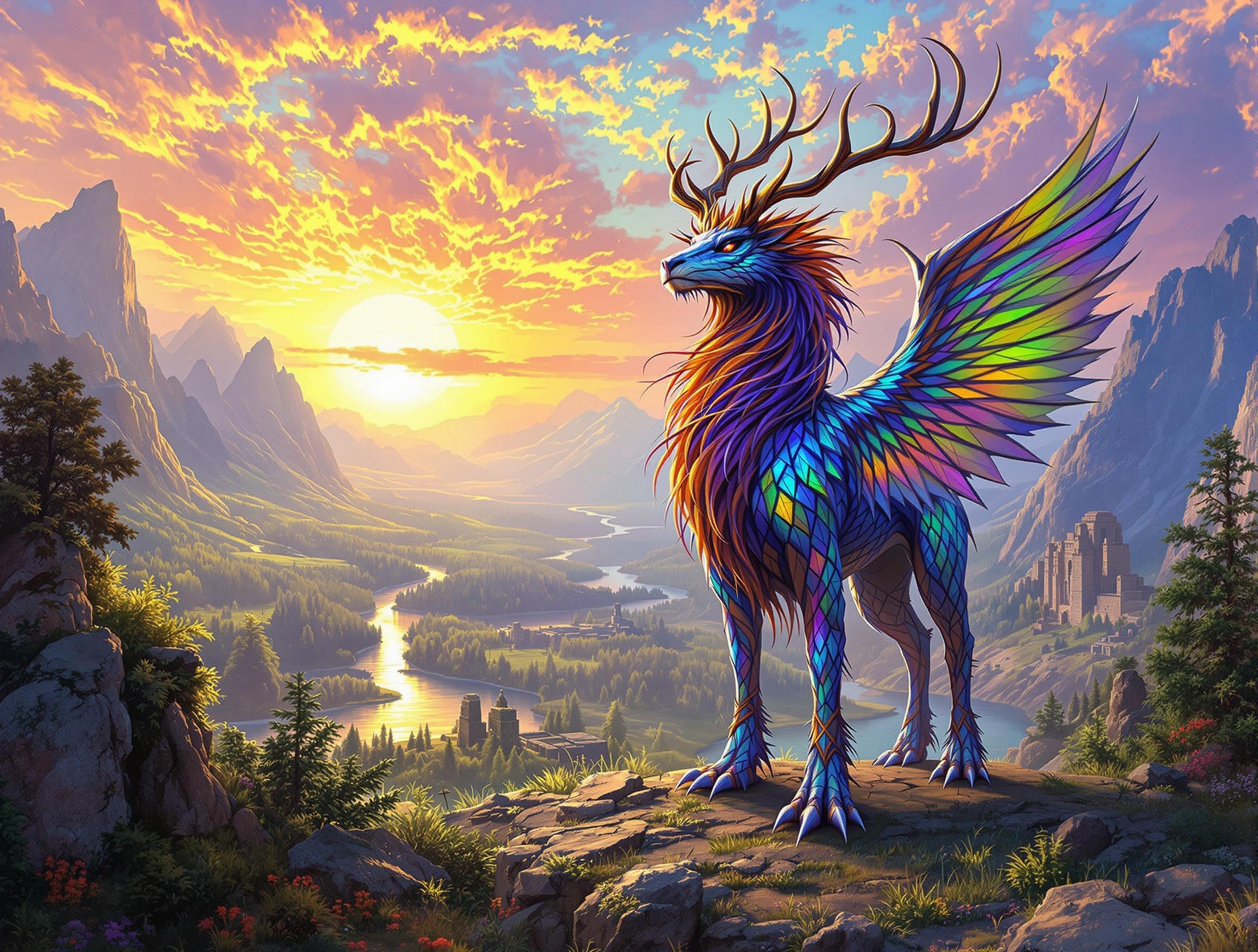 A majestic creature stands in a vibrant landscape at sunset. The creature has iridescent scales, large wings and stag-like horns. The scene includes mountains, forests, and rivers under a colorful sky.