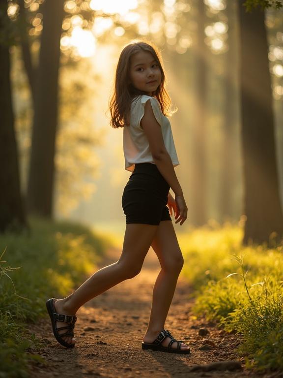 Stylish 11-year-old girl posing gracefully in a sun-dappled forest wearing black legging shorts and a white crop top with sandals in soft golden light. Dreamy atmosphere and a surreal twist in fashion photography.