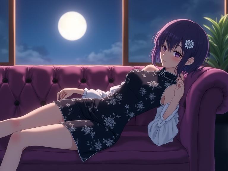 A full-body shot of a beautiful semi-anime lady with dark purple hair styled in a bob with a white rose accessory. Wearing a black sleeveless cheongsam-style dress with white flowers and puffed sheer sleeves. Lying on her side on a plush purple sofa in a coffee shop in Sakai, Osaka. A full moon illuminates the night sky through a window.