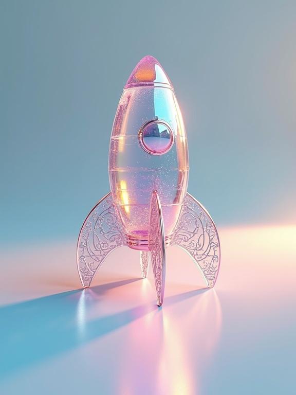 Hyper-realistic rendering. A rocket ship made of transparent multi-colored glass floats in a studio. The rocket ship has an ornate, fantastical design. Studio lighting accentuates the reflective surfaces. Soft, minimal, and dreamy aesthetic. Ultra-detailed, hyper-realistic glass rendering, still life, cinematic studio-lighting, high-resolution minimalism, iridescent sparkles, prismatic refractions, best quality, a masterpiece, 8k resolution.