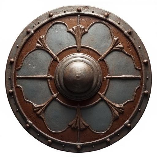 Icon of an ancient round shield. Designed for a card game. Gray and brown colors. Size of 48 x 48 pixels. Style imitates World of Warcraft. Transparent background.