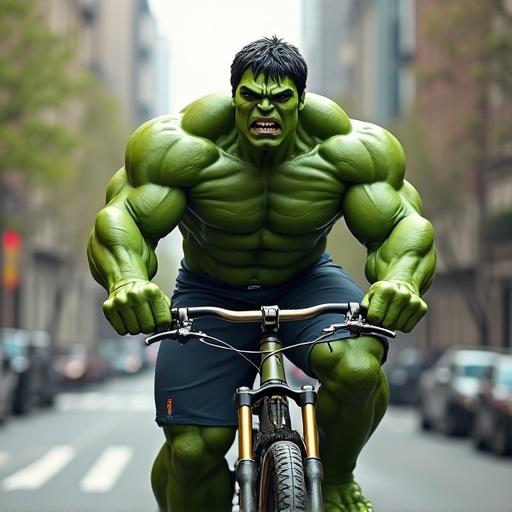 Hulk character on a bicycle in an urban setting. Muscular green figure is visibly strong. Background features city buildings and streets. Bright daylight accentuates colors.