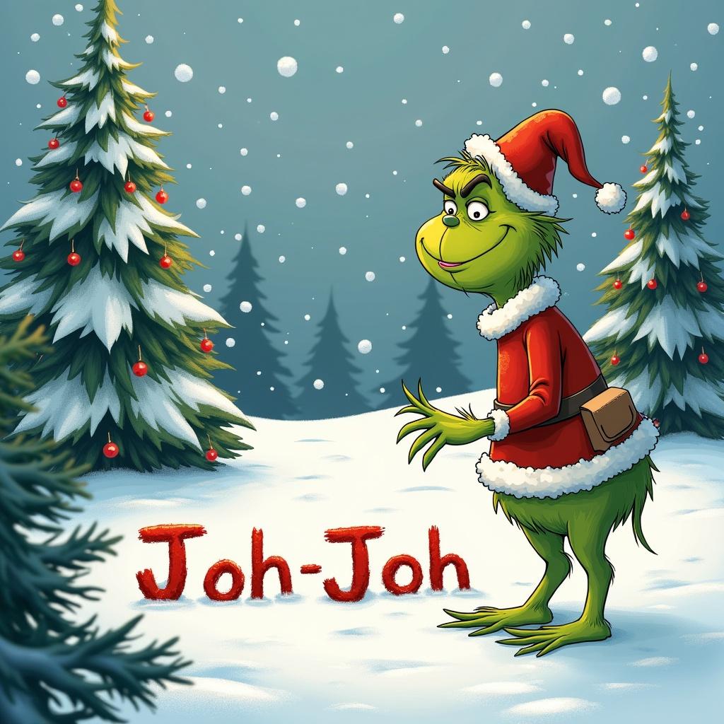 The Grinch in snowy winter. Surrounded by Christmas trees. Writing 'Joh-Joh' in the snow.