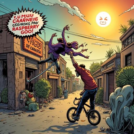 Scene depicts Dr. Ghostly with elongated legs snagging Mr. Half-Raspberry Cupcake's bike handlebars. Background features warped Puebla streets with leaning buildings and a sun with an emoji face. Speech bubble shows humorous dialogue.