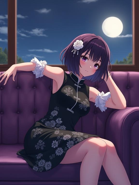 Full-body shot of a beautiful anime lady inspired by Monogatari series. Short dark purple hair with a white rose. Wearing a black sleeveless cheongsam dress with floral patterns and ruffled sleeves. Relaxing on a tufted purple sofa in a retro cafe. Full moon visible through a window. Soft warm lighting enhances the scene.