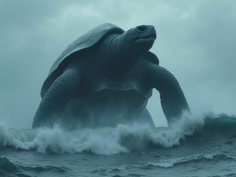Dark cinematic scene featuring a colossal humanoid turtle half submerged in the ocean. The turtle has a thick, textured shell, two upward tusks, and large claws. Stormy environment with waves, foam, rain, mist, and dark clouds. Originally designed for high-resolution visuals depicting realism and atmospheric effects.