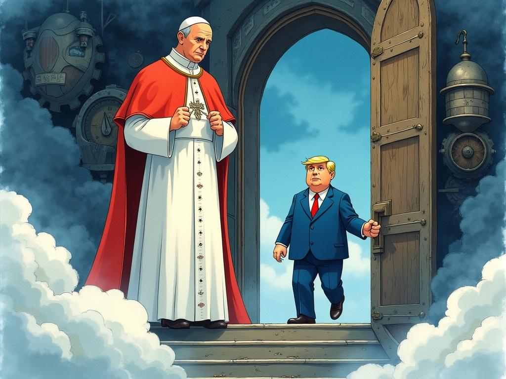 Watercolor illustration in Ghibli style showing Pope Francis with a serious expression denying entry to Donald Trump in a blue suit at the gates of heaven. Background features a dark steampunk atmosphere with mechanical details. Vivid colors used, capturing whimsical essence amidst a moody setting. Detailed expressions and body language depicted.