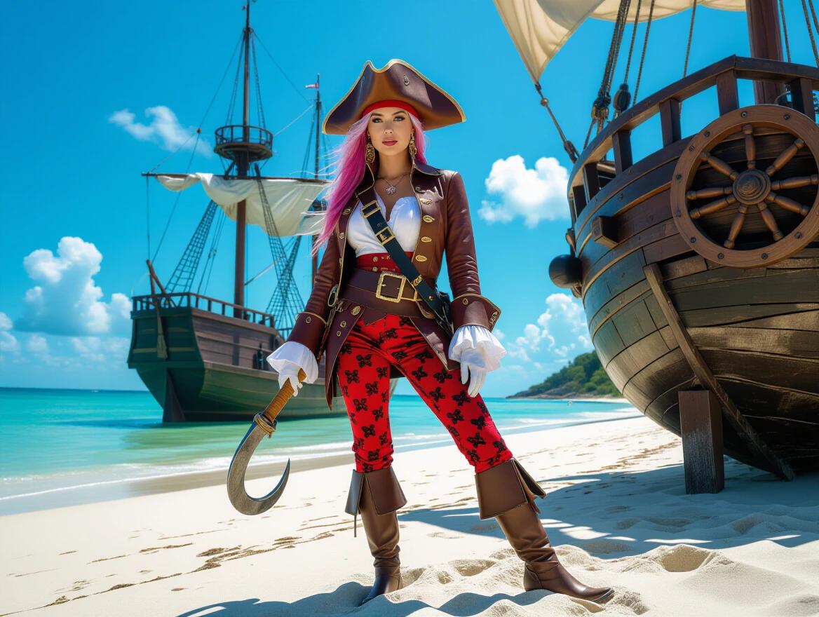 Photograph of a woman dressed as a pirate on a sandy beach. Large, old wooden ship in the background. Bright blue sky with clouds. Brown tricorn hat and leather jacket with white trim. Red and black patterned pants and brown boots. White gloves and black belt with a dagger sheath. Pink hair with a purple streak. Right hand holding a wooden hook. Left leg lifted and bent. Shadow on the ground. Side view of the person. Ship's hull on the right side and ship's wheel visible. Left hand on hat. Bright sunlight with high contrast. Realistic style and detailed textures.