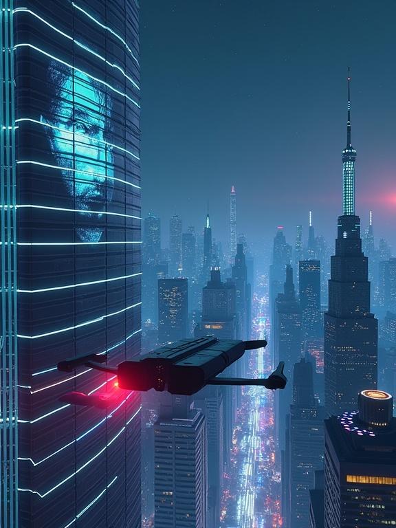 CGI-rendered scene of a futuristic city at night with skyscrapers and a flying vehicle. The building features a grid-like glowing facade with a stylized portrait illuminated. A drone with red and blue lights is flying towards it.