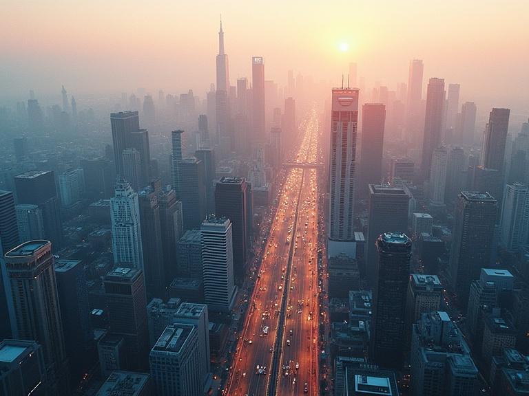 Aerial shot of a city during daytime depicting a vibrant skyline and busy streets. Warm colors from the sunset create a picturesque atmosphere.