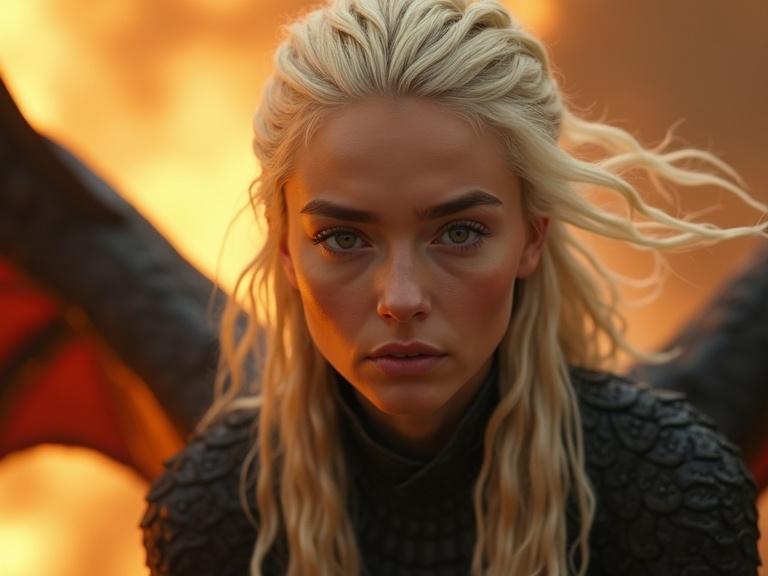 Ultra-realistic close-up portrait of a female character with dragon features. Intense and regal expression with flowing platinum blonde hair. Background features dragon wings and fire blurred using bokeh effect. Styled in a high-resolution photorealistic manner with sharp facial features and natural shadows.