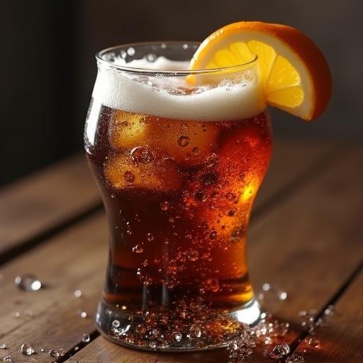 Close-range photo of cola in a glass. Serve with ice. Decorate with an orange slice. Capture details of bubbles and condensation.