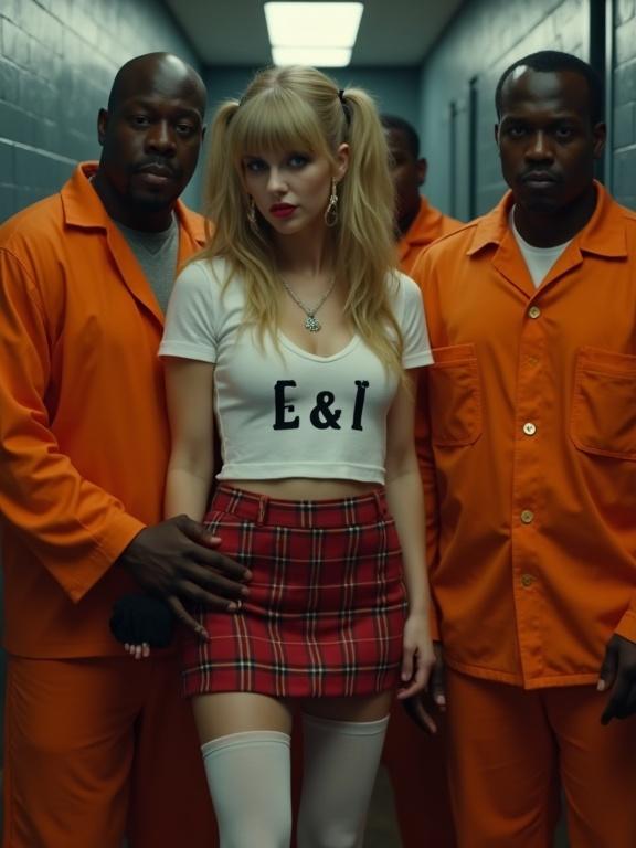 Music video scene set in a prison. Central character in cropped tee and plaid skirt. Surrounded by large inmates. Mood of intimidation. Full body shot with subject looking at the viewer. Zoomed out image.