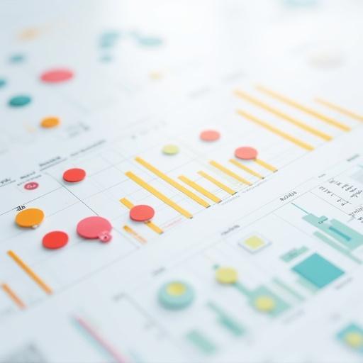 Digital dashboard background with colorful circles and squares that represent data graphs. Circles and squares in red, yellow, green, and blue arranged on a light gray surface with dummy indicators and charts. No text is included.